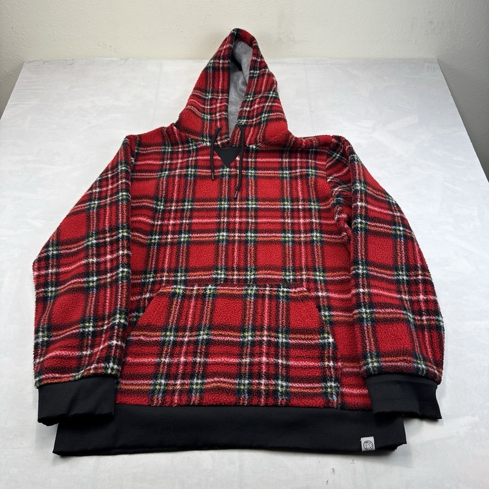 Free Planet Men's XL Red Tartan Plaid Sherpa Fleece Pullover Hoodie
